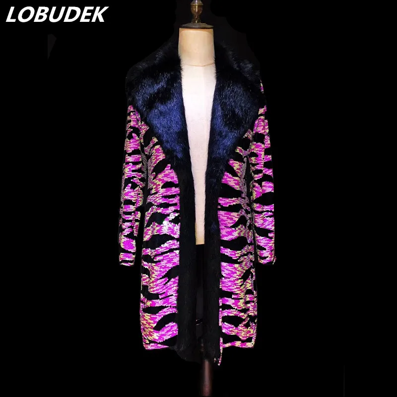 

Tide Male Winter Faux Fur Long Coat Rose Bling Sequins Outwear Nightclub Men Singer High-end Luxury Costume Host Stage Overcoat