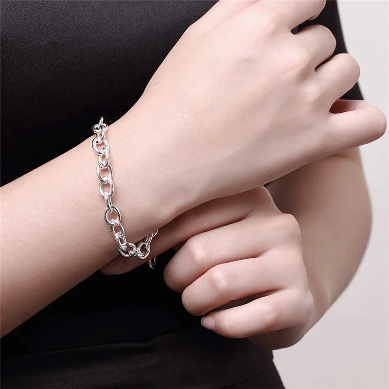 DOTEFFIL 925 Sterling Silver 8-Inch Basic Chain Bracelet For Woman Charm Wedding Engagement Fashion Party Jewelry