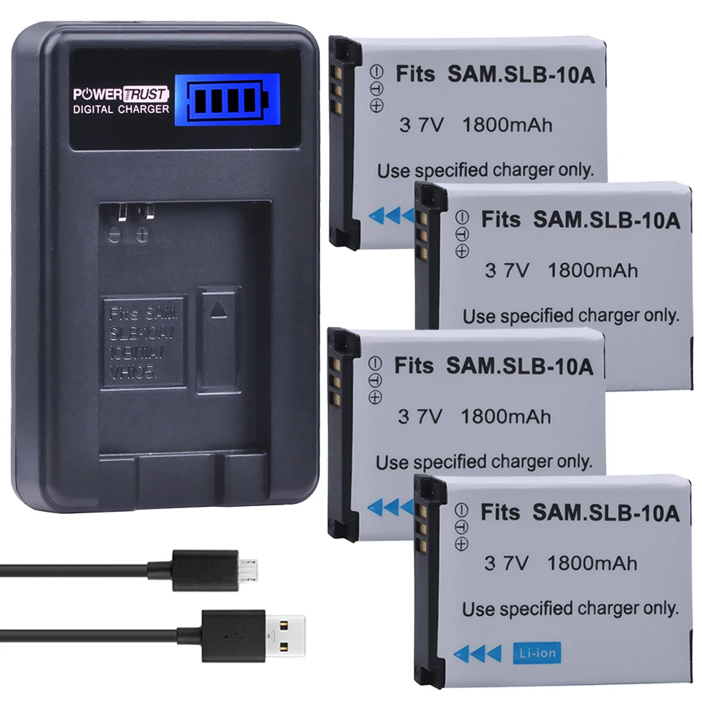 

4Pcs SLB-10A SLB10A SLB 10A Camera Battery + LCD USB Charger for Samsung EX2F WB150F WB250F WB350F WB750 WB800F WB500 WB550 HZ10