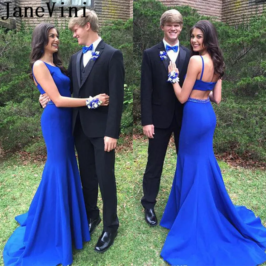 JaneVini Royal Blue Long Prom Dresses 2019 Mermaid Beaded Graduation Dress Backless Satin Sweep Train Cutaway Sides Party Wear