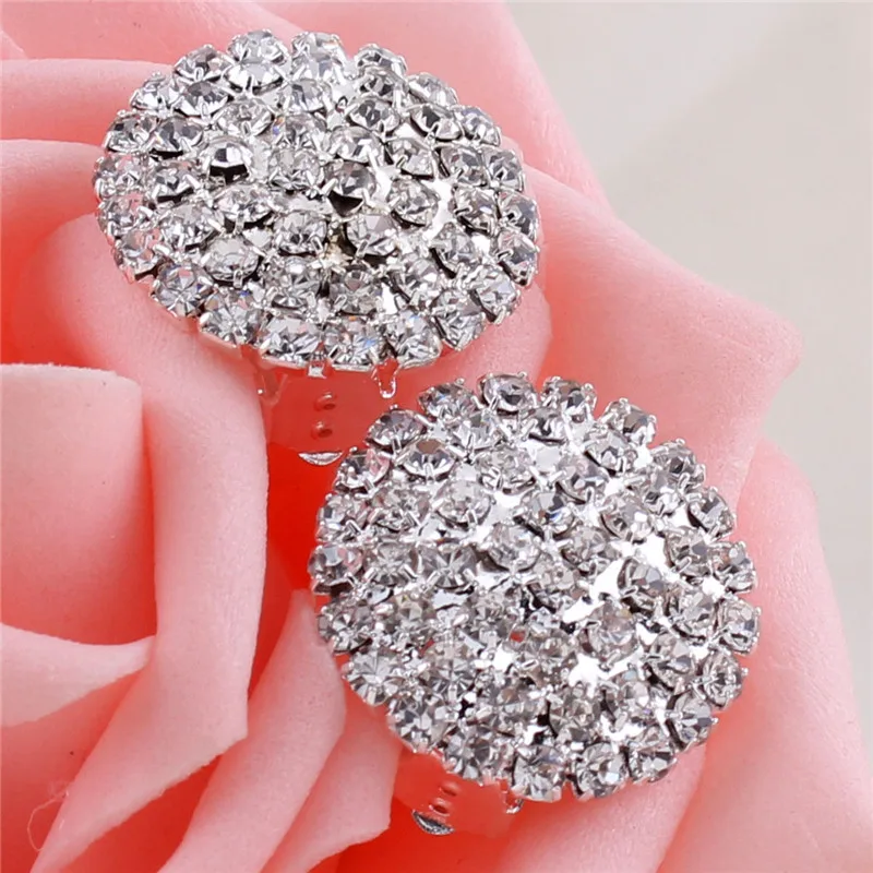 Grace Jun  New Fashion Bridal Rhinestone Large Round  Clip on Earring No Pierced for Women Elegant Statement Earrings