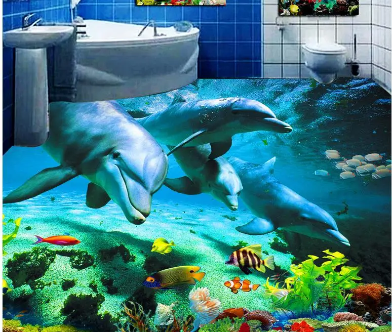 

customize 3d flooring dolphin wallpaper Toilet Bathroom Bedroom 3d wallpaper 3d floor papel de parede wall papers home decor