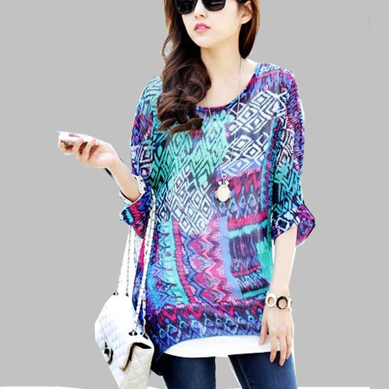 قمصان شيفون نسائية ، ملابس مقاسات كبيرة 6XL ، بلوزة صيفية مطبوعة الترتان ، أكمام الخفاش ، بلوزات غير رسمية للنساء 2021