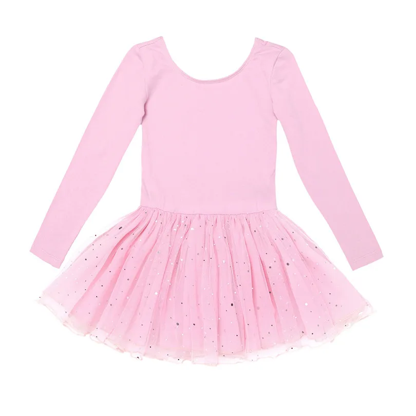 iEFiEL Kid Girls Long Sleeve Shiny Mesh Tulle Tutu Ballet Dance Leotard Dress for Performance Girls Ballet Class Dancewear Dress