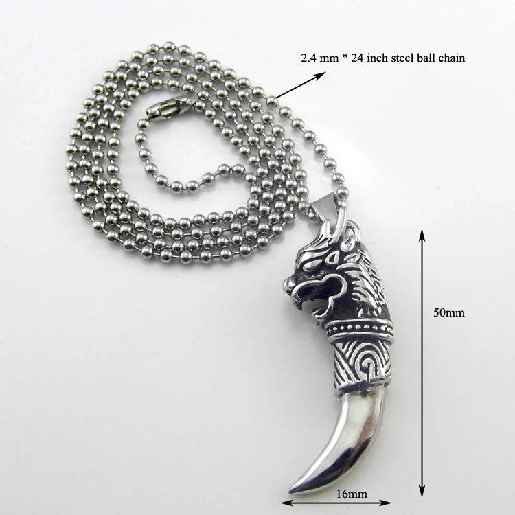 Men\' Jewelry Antique Silver Color Tribal Stark Wolf Fang Tooth Pendant Necklace Vintage Wolf Dragon Titanium Pendant Necklace