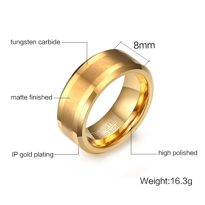 Vnox Real Tungsten Rings for Men Jewelry Gold Color Male Wedding Gift US Size 7 8 9 10 11 12