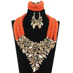 New Luxury Nigerian Wedding Coral Beads Jewelry Sets Crystal Rhinestone Bib Necklace Earrings Set for Women Free Shipping ABH516