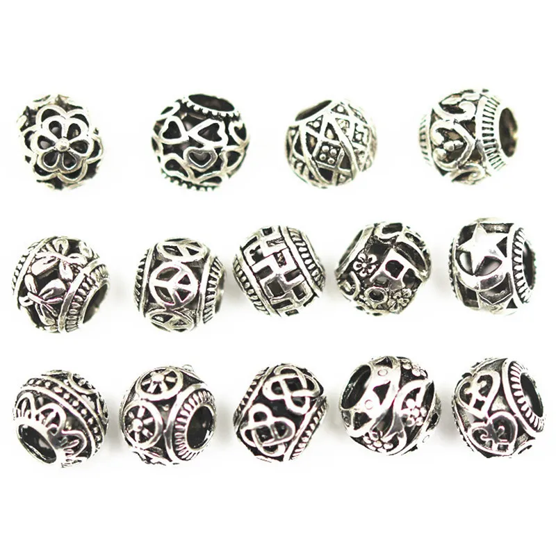 10Pcs/Lot 10mm Hollow Ball Flower Big Hole Beads Metal Charms Spacer Beads Accessories for DIY Handmade Bracelet Jewelry Making