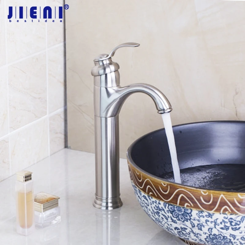 

JIENI Tall Brushed Nickel Single Handle Spray Spout Solid Brass Body 2 Hose Torneira Wash Basin Sink Tap Mixer Faucet