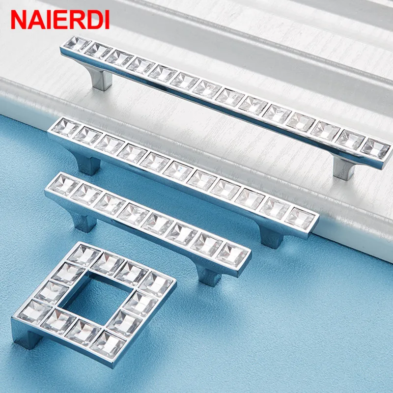 NAIERDI Crystal Glass Knobs Cabinet Handles Silver Crystal Cupboard Pulls Drawer Knobs Kitchen Furniture Handle Hardware