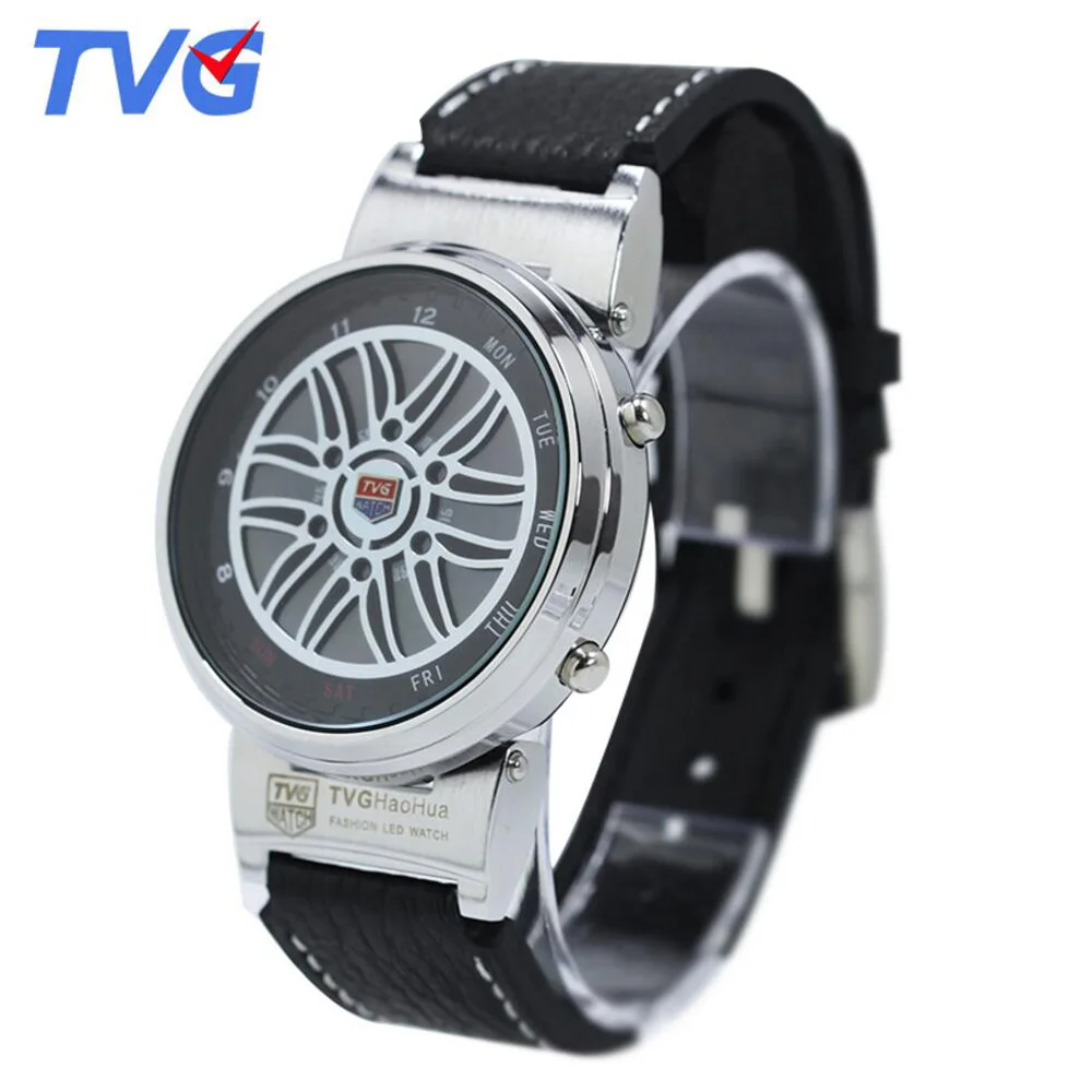 Top Brand TVG Led Watch Men Creative Car Roulette Blue Led Dispaly Binary Watch Men Fashion Men Sports Watches relogio masculino