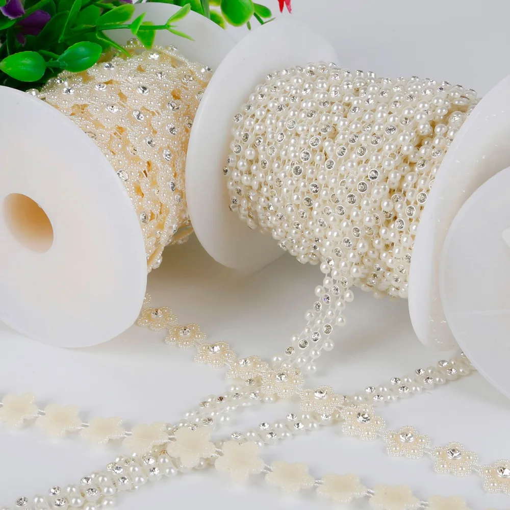 1Meter ABS Imitation Pearl Beads Chain Trim Crystal Rhinestone For DIY Wedding Party Decoration Jewelry Findings Accessories