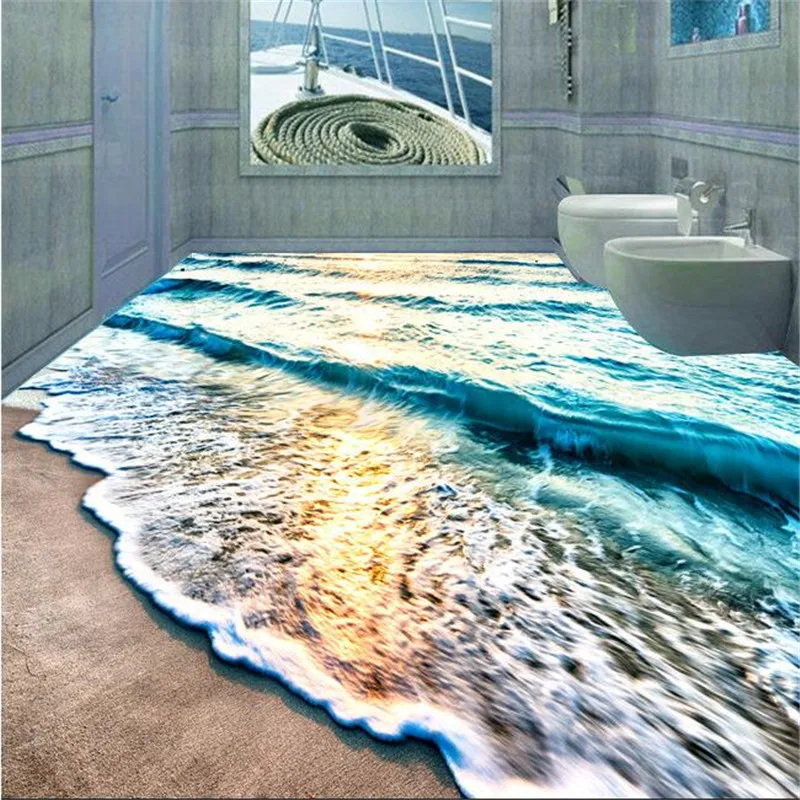 beibehang floor painting mural Beach blue sea water ripples non-slip waterproof thickened self-adhesive PVC floor Wallpaper roll