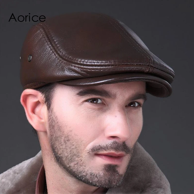 Aorice 2021 Autumn Winter News Men\'s Beret LBD BLACK Leather Style Flat Boy Cap Hat Cabbie Gatsby Hunting Golf HL042-2