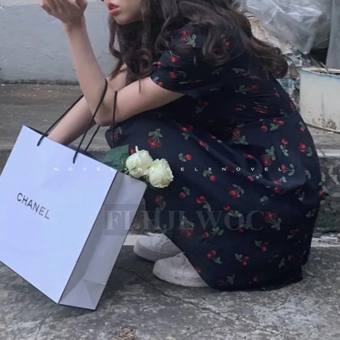 A Line Dresses Summer Women Korean Japan Preppy Style Clothes Girls Lady V Neck Pink Navy Blue Floral Print Vintage Dress