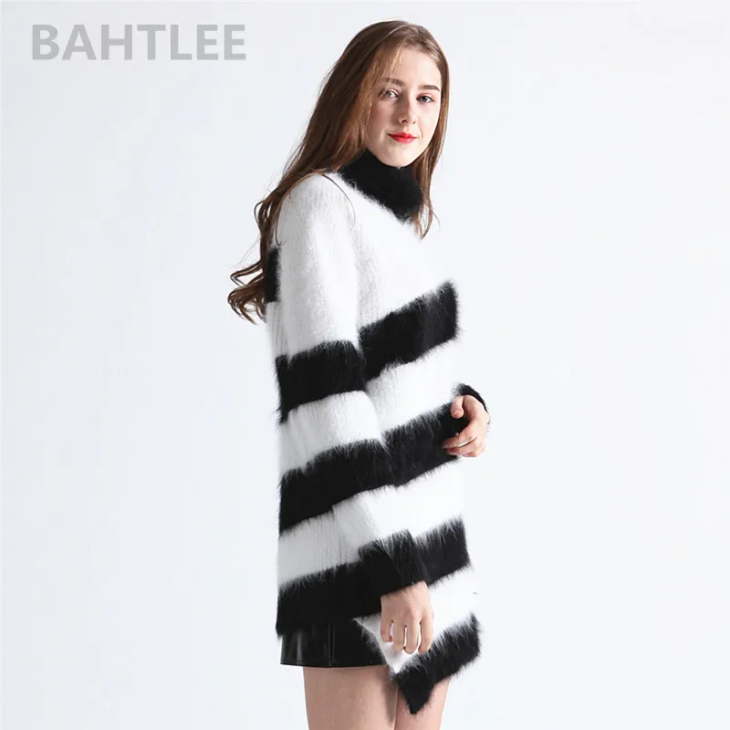 BAHTLEE-Women\'s Angora Wool Turtleneck Sweater, Mink Cashmere Loose Pullovers, Stripe, Keep Warm, Autumn, Winter