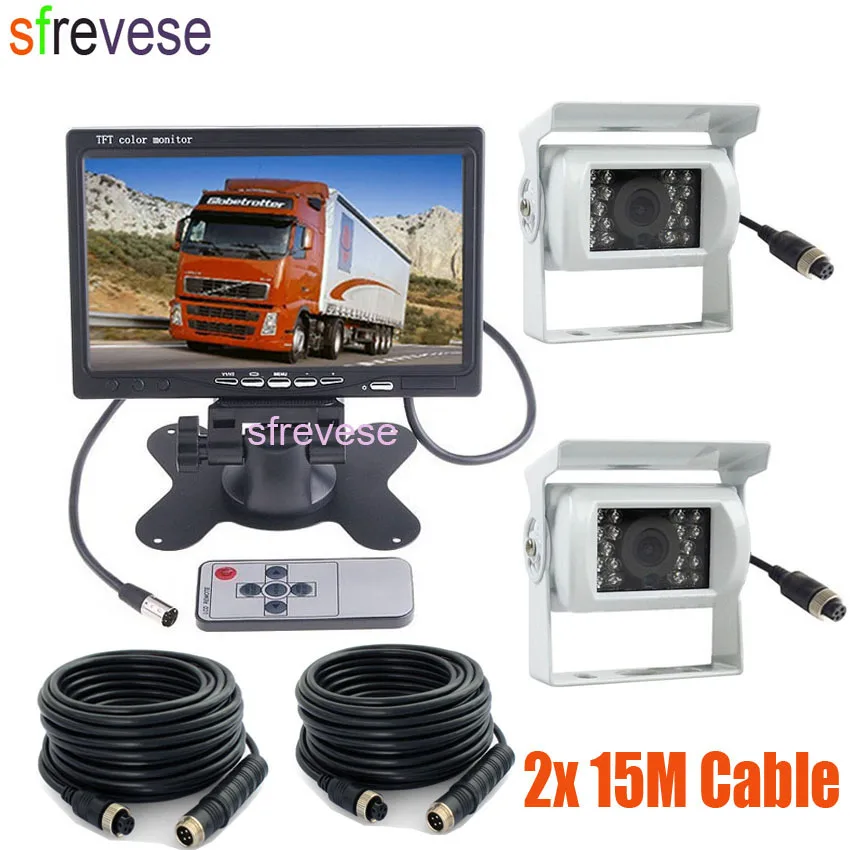 

2 x White 18 LED IR Night Vision 4Pin CCD Reversing Parking Camera + 7" LCD Monitor Caravan Rear View Kit for Bus Truck Motorhom