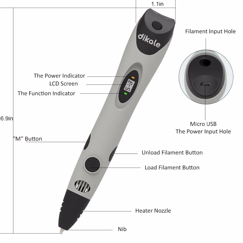 Dikale 3D Printing Pen Drawing Pen USB Charge Three D Printer Pencil Bonus Stencils Filament eBook for Kid Adult Creativity Gift