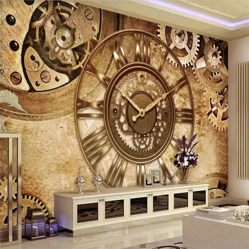 

3D wallpaper creative gear clock background wall professional manufacturing mural photo wallpaper