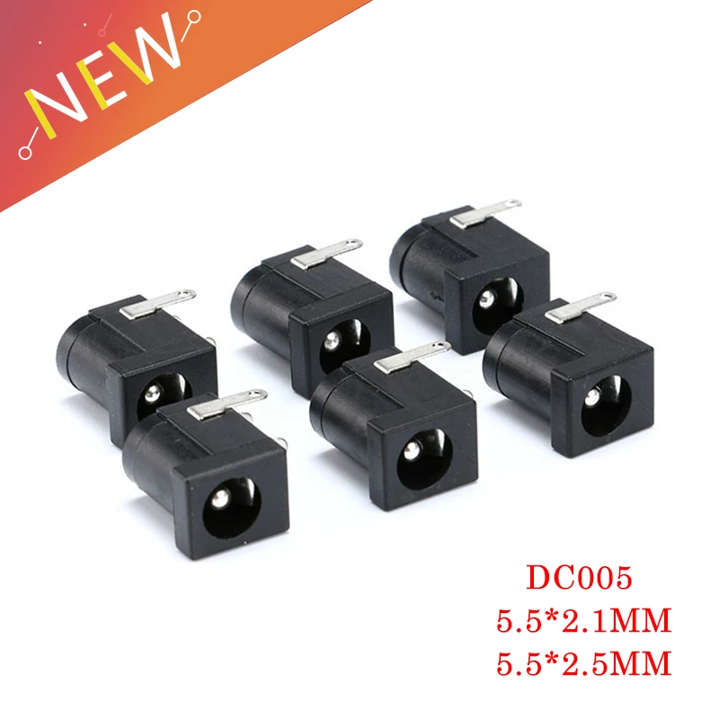 10 szt. 5.5x2.1mm DC-005 Czarne Gniazda Zasilania DC Złącza DC Typu Beczkowego Kątowe Do Montażu PCB Terminal 5.5x2.5mm