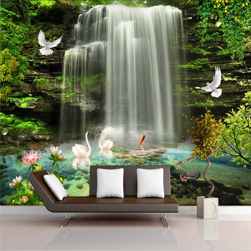 Custom 3D Natural Scenery Waterfall Murals Wallpaper Stickers Aesthetic Falls TV Wall Decals for Room Decor