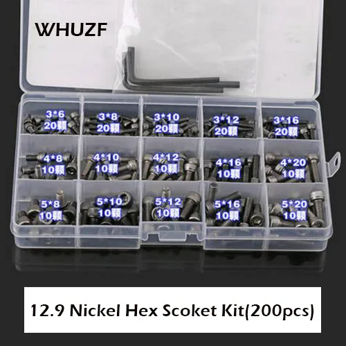 

200pcs/Set M3 M4 M5 Screws Kits Set 12.9 Black Nickel Hex Head Socket Screws and Keys Assortment+3 Hex Keys