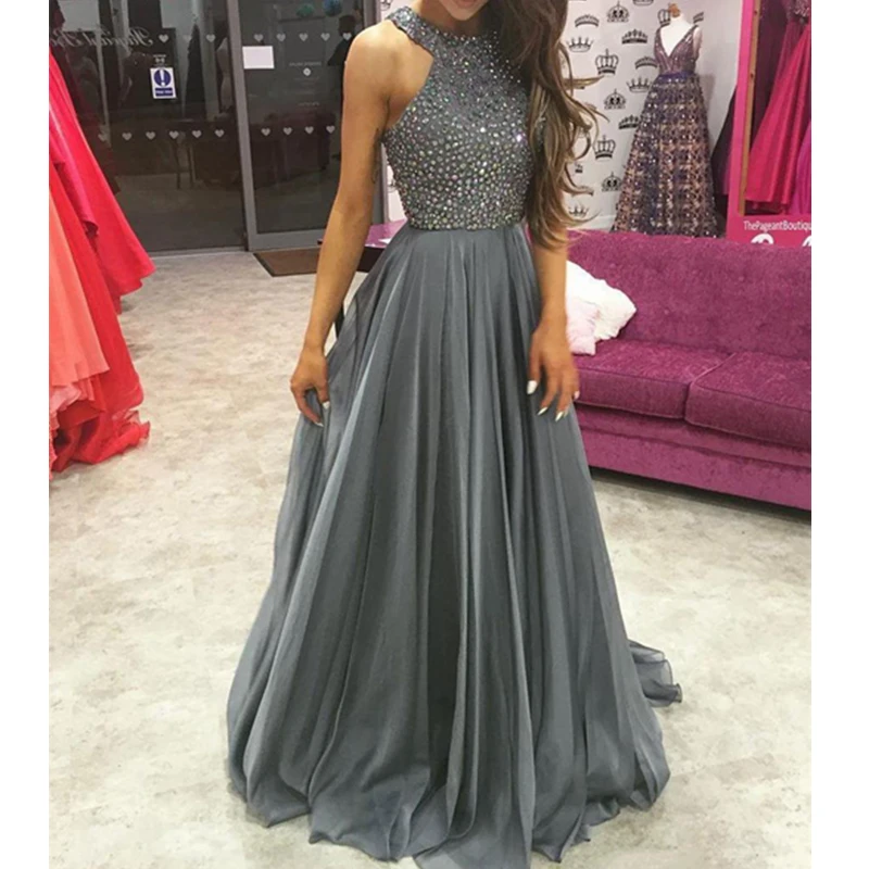 Modern Grey African Prom Dresses Long 2021 New High Neck Beaded Top Zipper A Line Floor Length Formal Evening Gowns