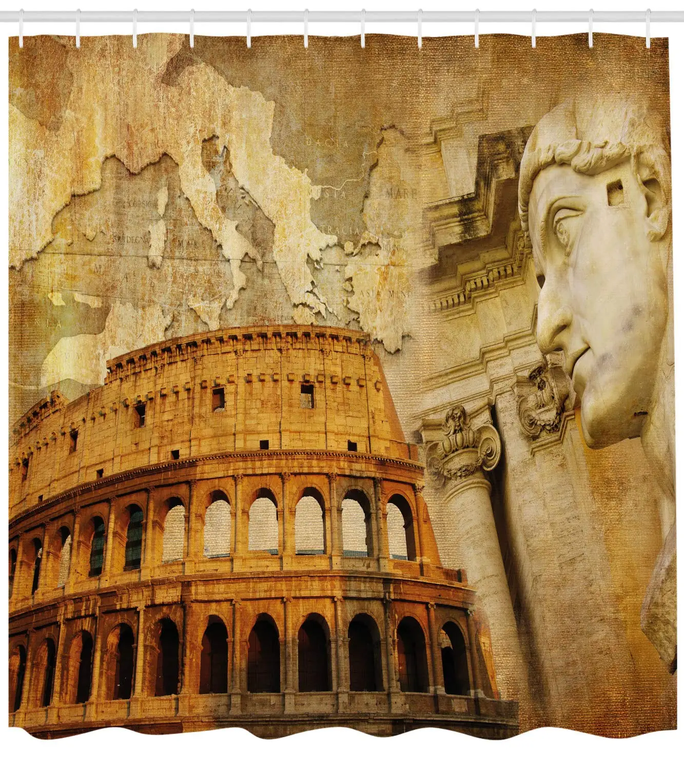 Roman Empire Concept Famous Columns Sculptress Colosseum Map of The Nation Print Fabric Bathroom Decor Set with Hooks