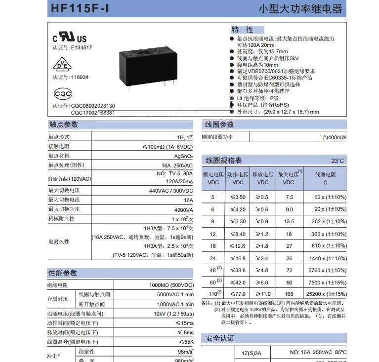 HF JQX-115F-I 012-1H3A(555) 12VDC 16A Electromagnetic Relay