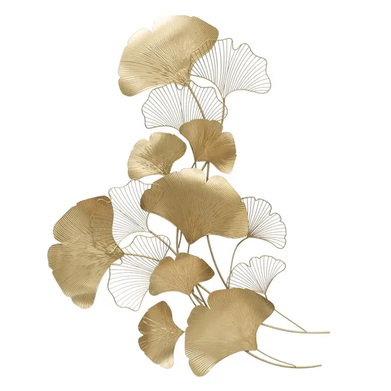 Modern Chinese Gold Wrought Iron Ginkgo Leaf Wall Crafts Decoration Home Livingroom Wall Porch Background Mural Metal Ornaments