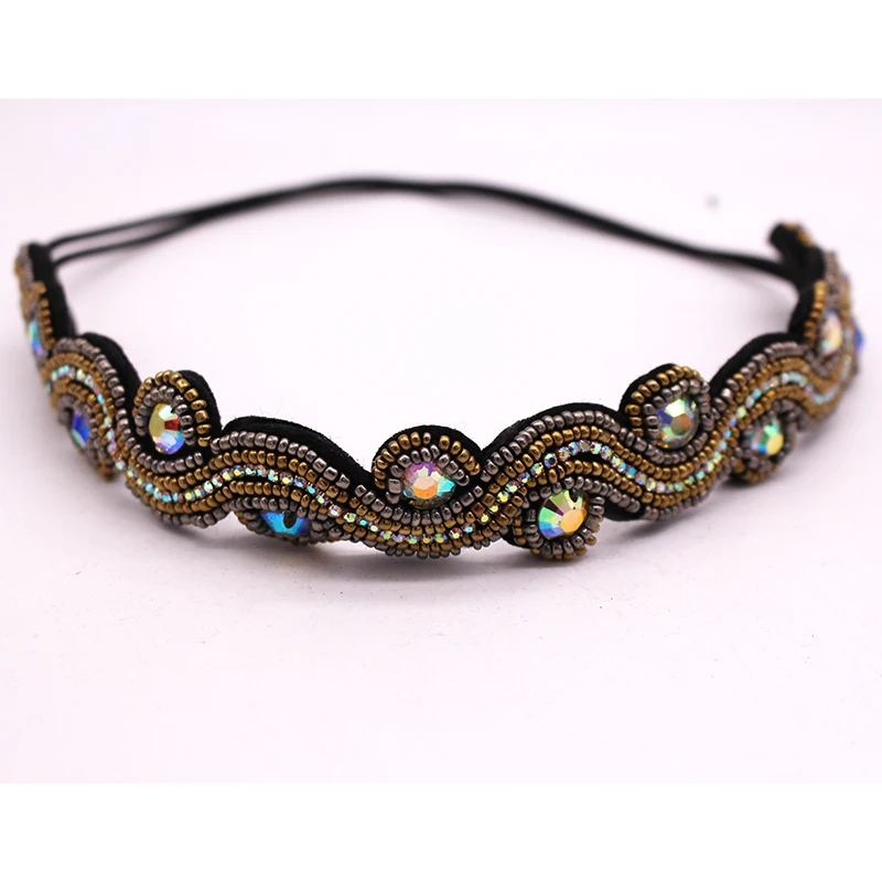 Ethnic Brown Seed Beads Headband Vintage beads Geometric Braided Hairband Elastic Headband Hair Accessories