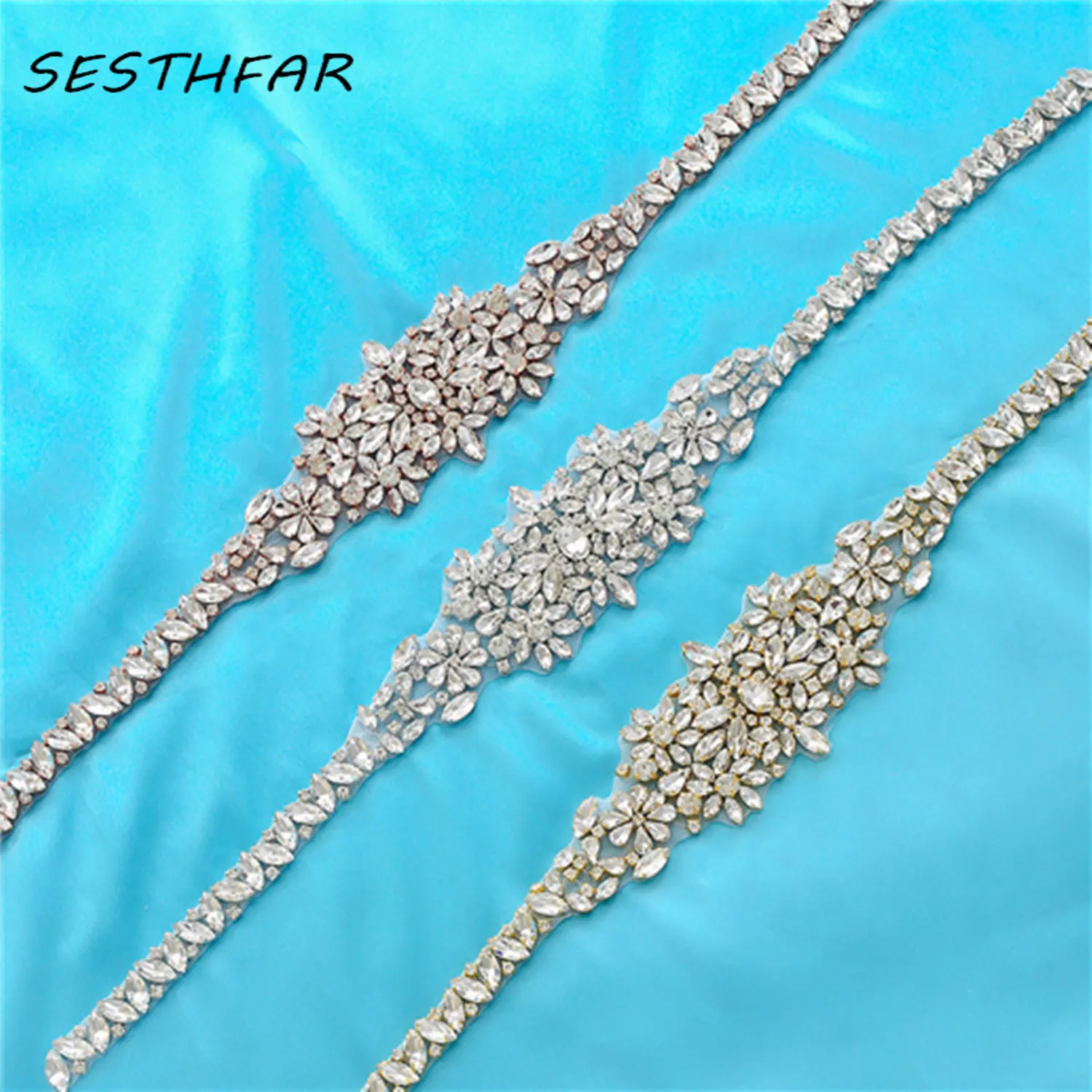 Buatan Tangan Berlian Imitasi Appliques untuk Pernikahan Gaun Sabuk Jelas Rose Emas Crystal Appliques untuk Gaun Pengantin F195