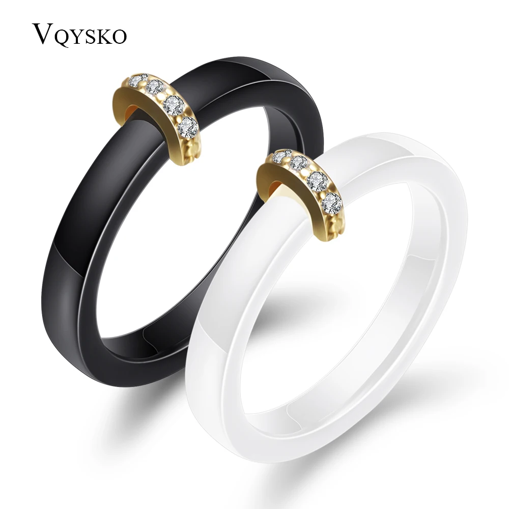 New Smooth Ceramic Ring Cubic Zirconia Stone Black And White Color Women Jewelry Engagement Wedding Band Gifts For Women