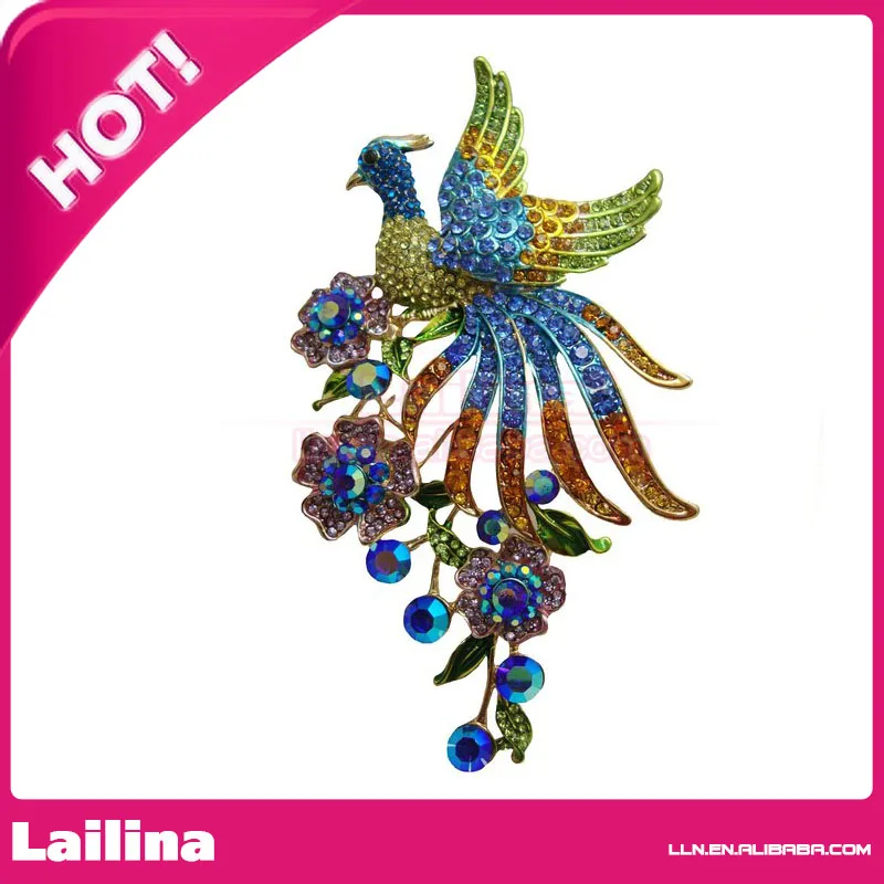 4inches 30pcs/lot Fashion Colorful Crystal Peacock Brooch Pin Large animal bird pin brooch