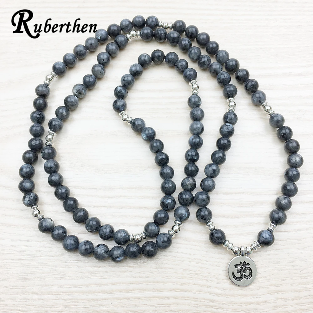 Ruberthen New Design Labradorite Wrap Bracelet Trendy Handmade Women`s 108 Mala Yoga Bracelet or Necklace Ohm Charm Bracelet