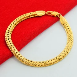 Wholesale Pure Gold Color 6.5MM Width Bracelet For Men 20CM.Fashion Original 24k GP Women men's Jewelry Gift