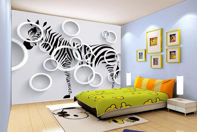 Custom 3D murals, 3D cartoon zebra circle, living room sofa TV wall children bedroom wall paper