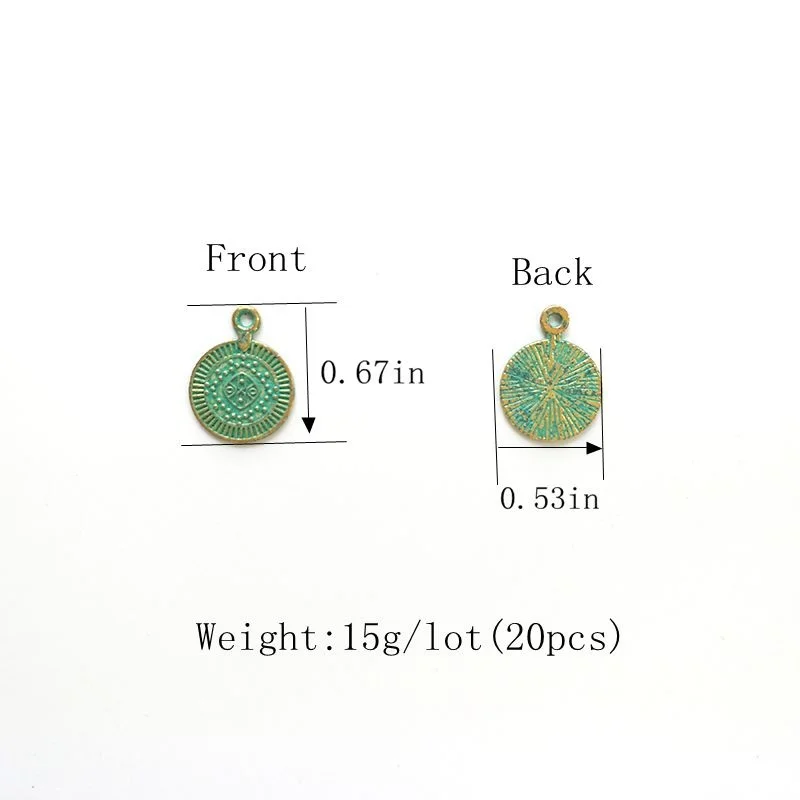 20pcs 14MM Retro Patina Plated Zinc Alloy Green Small Round Coin Charms Pendants for DIY Jewelry Accessories PJ004