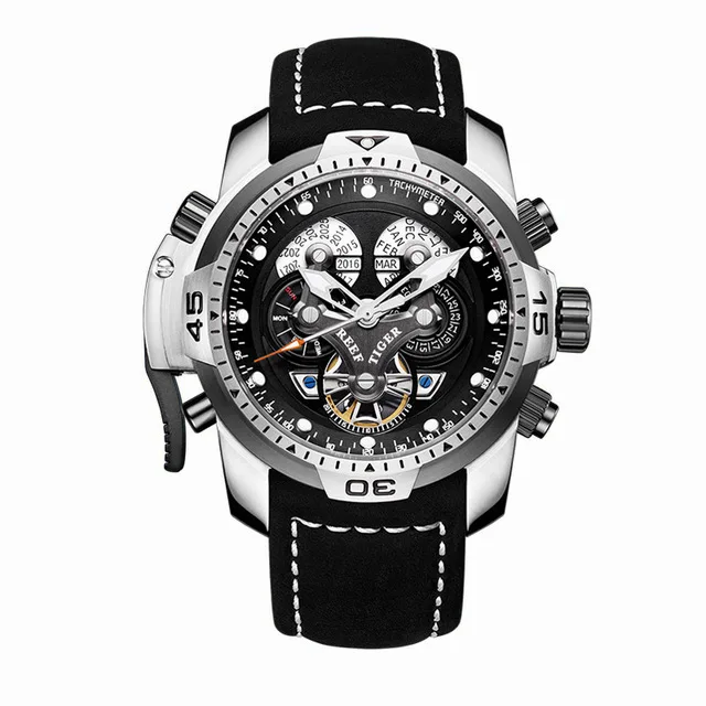 Reef Tijger Aurora Serier RGA3503 Mannen Sport Militaire Multifunctionele Wijzerplaat Automatische Mechanische Polshorloge-Lederen Horlogeband