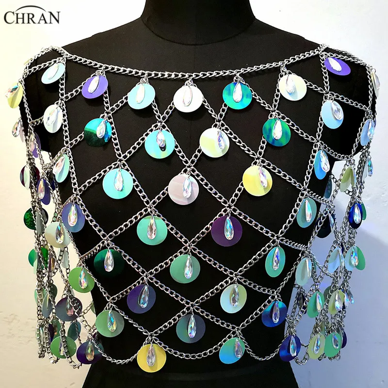 Chran Seascale Top Bralet Chain Shoulder Necklace Sequins Cape Skirt Dress Ibiza Festival Costume Wear Discos Jewelry CRS208