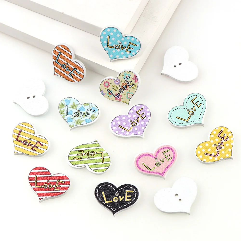 50PC 20x25mm Mixed Color 2 Holes Decorative Buttons Love Heart Shape Cartoon Animals Wood Buttons Sewing Scrapbooking