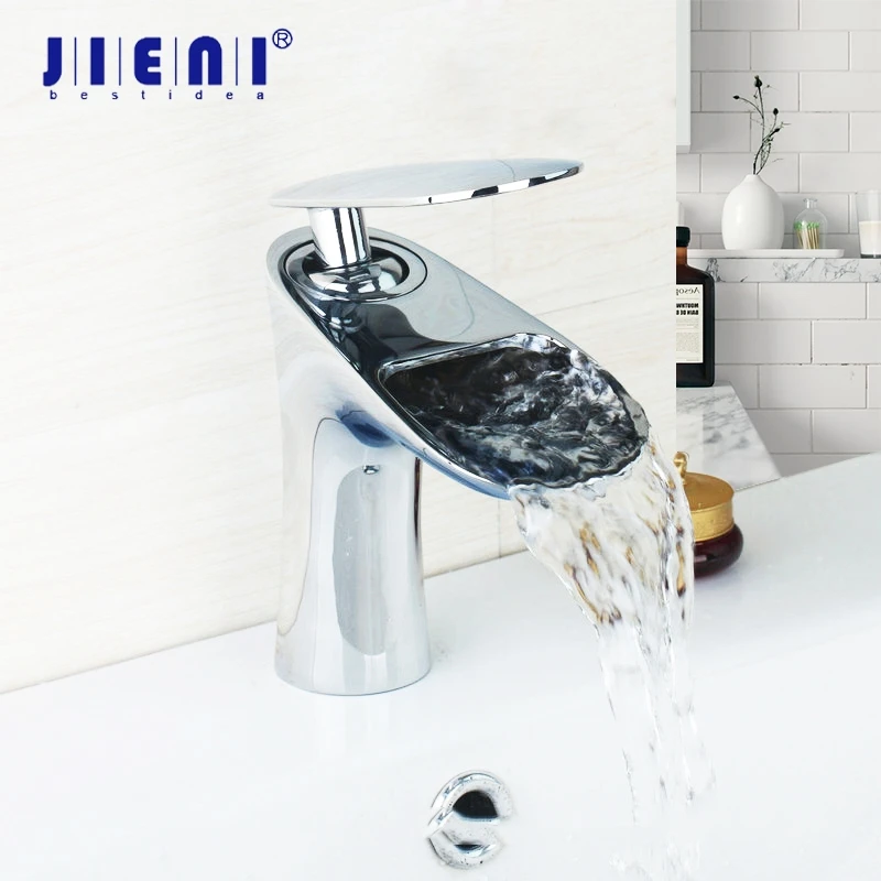 JIENI Chrome Polished Bathroom Faucet Silver Deck Mounted Solid Brasss Waterfall Bathroom Wash Basin Sink Faucets Mixers  Taps