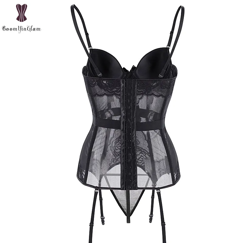 Wholesale Cheapest Sexi Corset Lingerie Lace Transparent Padded Cup Bustier Lingeries Top Suspender Belt Straps Underwear Korse