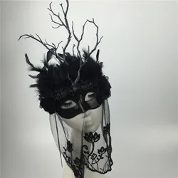 Black White Color Feather Girl Mask Branches Feather Headwear Party Cosplay Model Catwalk Makeup Props Accessories Face Veil
