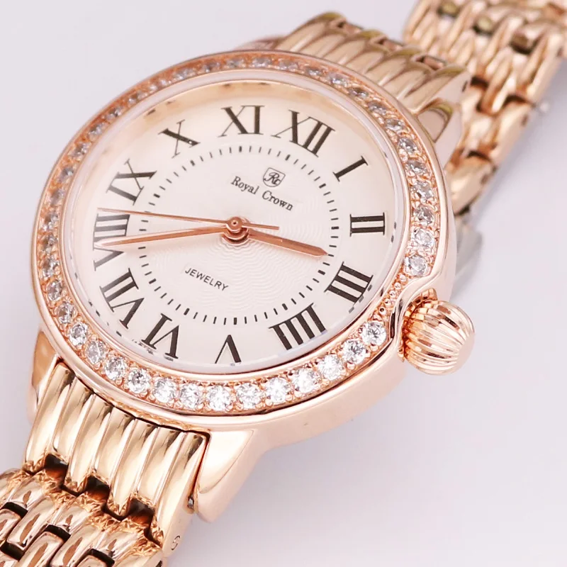 Luxury Jewelry Lady Women\'s Watch Fine Fashion Hours Stainless Steel Bracelet Rhinestone Gold Plated Girl Gift Royal Crown Box