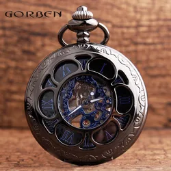 Montre de poche mécanique en acier Steampunk pour hommes et femmes, rétro, motif fleur noire creuse, Unique, chaîne FOB, boîte cadeau