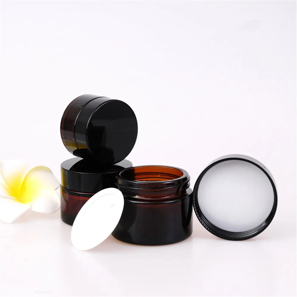 5pcs/lot 5/10/20/30/50/100g Brown Glass Bottle Eye Cream Glass Container Cosmetic Jar Make Up Pot with black Cap Wholesale