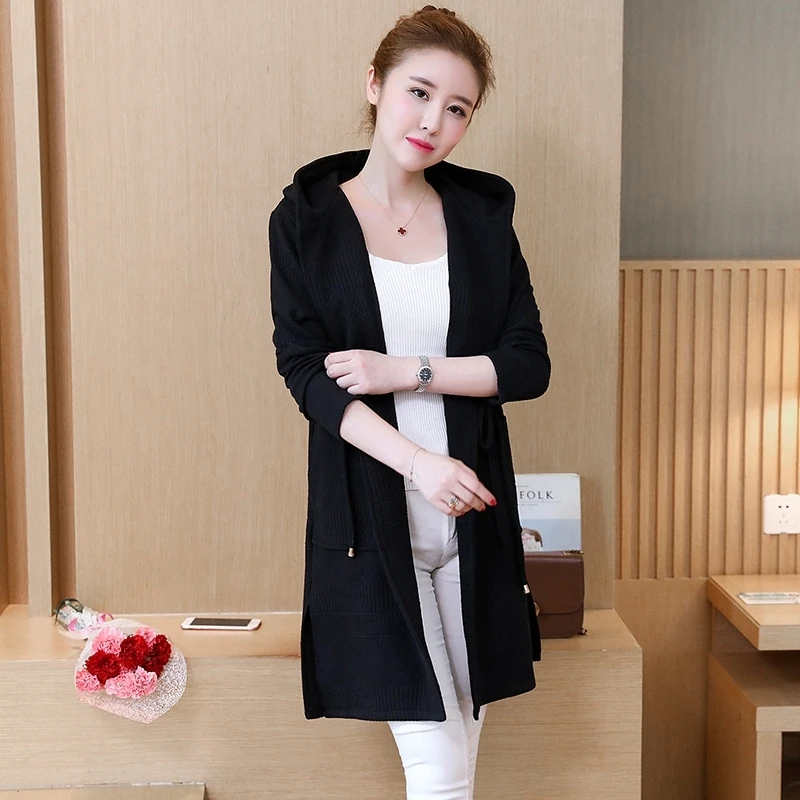 Women Large Size Spring Autumn Knit Cardigan Women Korean Version Of The Long Hooded Knit Cardigan Women Slim Wild Sweater L-5