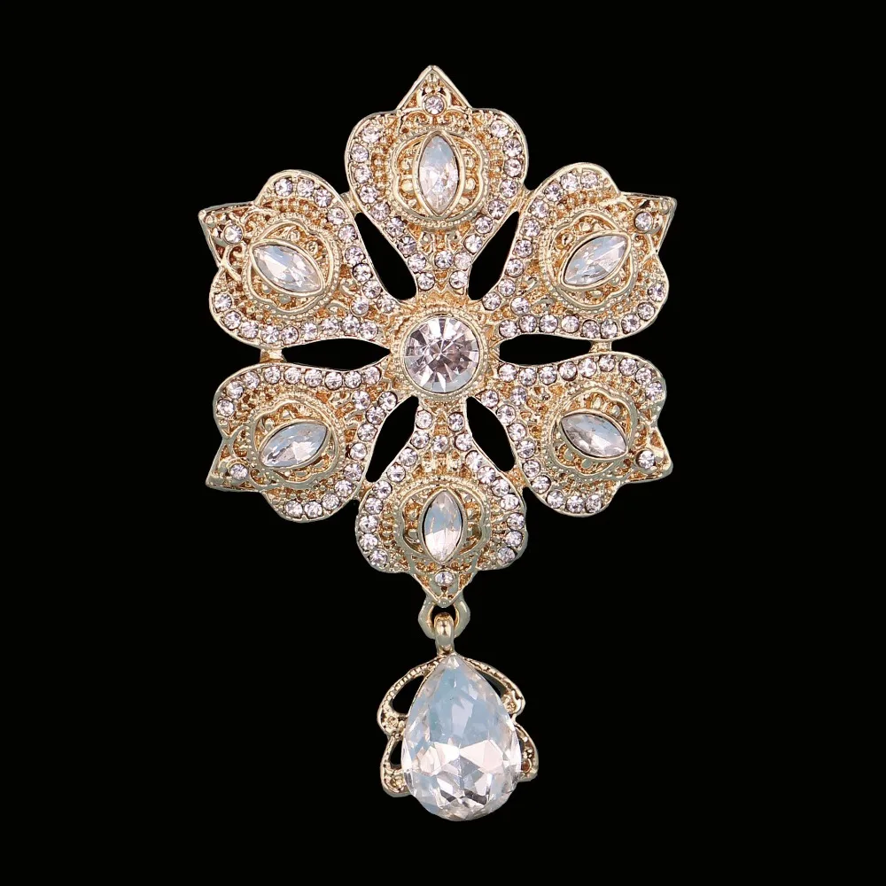 DIEZI Luxury Gold Silver Color Crystal Flower Bridal Brooches for Wedding Women Party Rhinestone Bouquet Water Drop Brooch pins