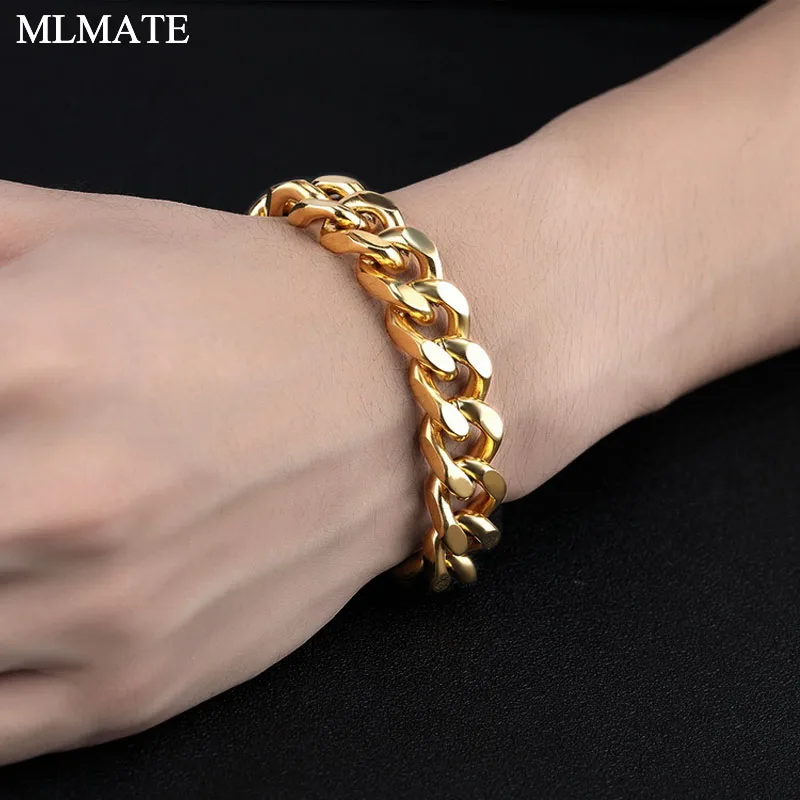 Men's Black Gold Color Stainless Steel Curb Cuban Link Chain Bracelet & Bangle Male Accessory Hip Hop Party Rock Jewelry